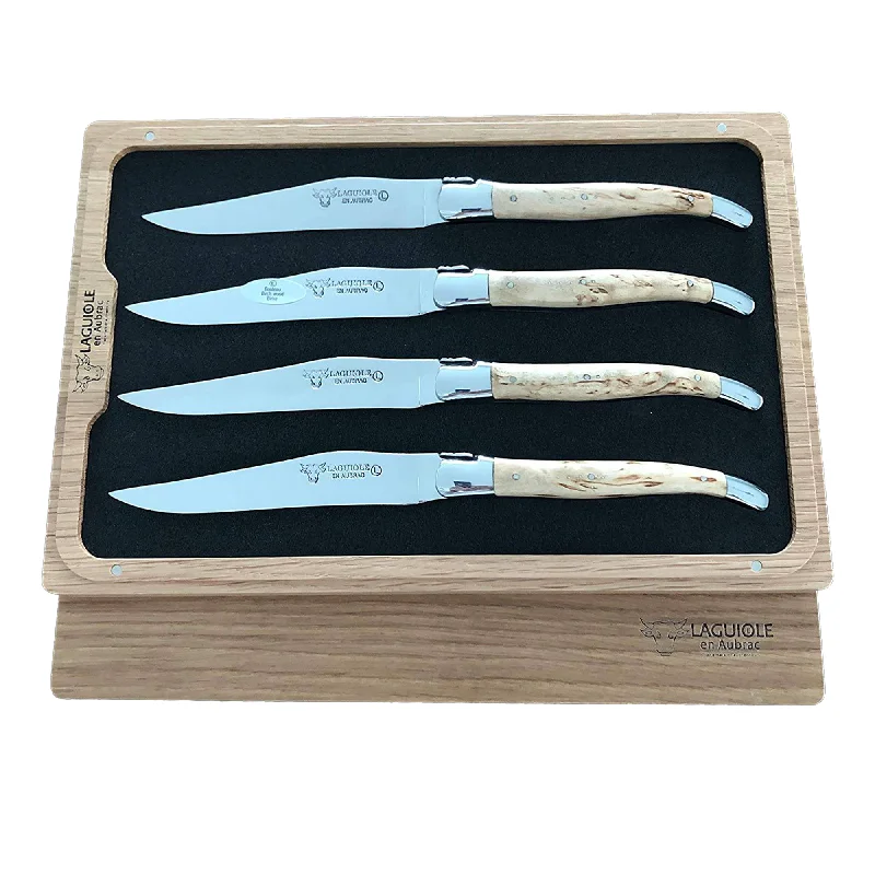 Laguiole en Aubrac Handcrafted 4-Piece Steak Knife Set with Birchwood Handles, Polished Bolster