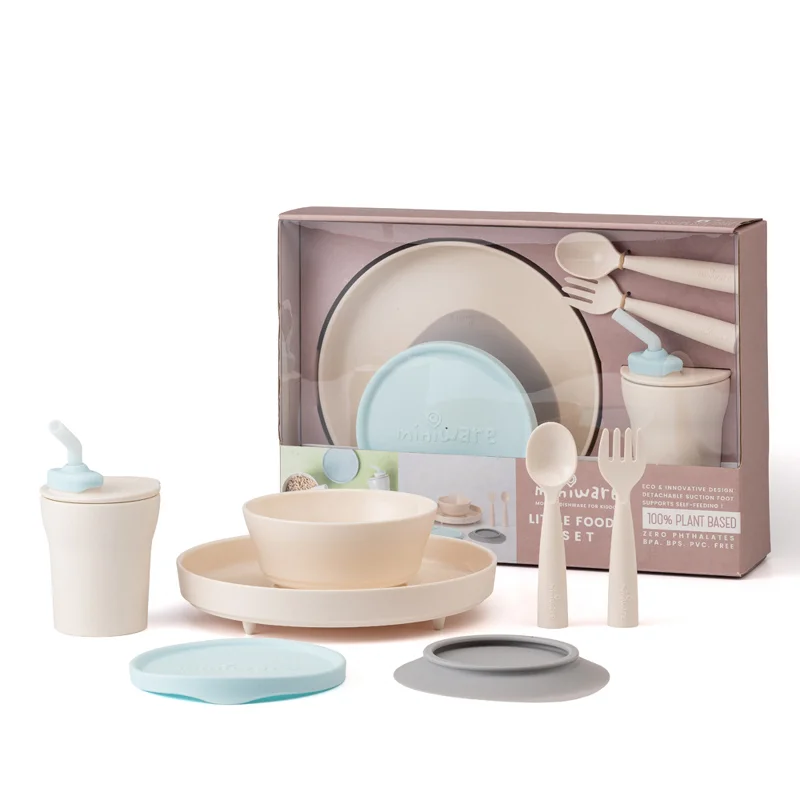 Miniware Little Foodie - PLA Suction Bowl + Plate + Cutlery Set + Silicone Cover in Aqua + Sippy Cup Set