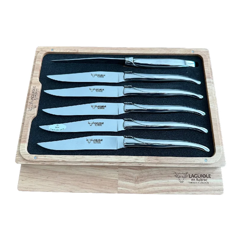 Laguiole en Aubrac Handcrafted 6-Piece Steak Knife Set with Polished Stainless Steel Handles