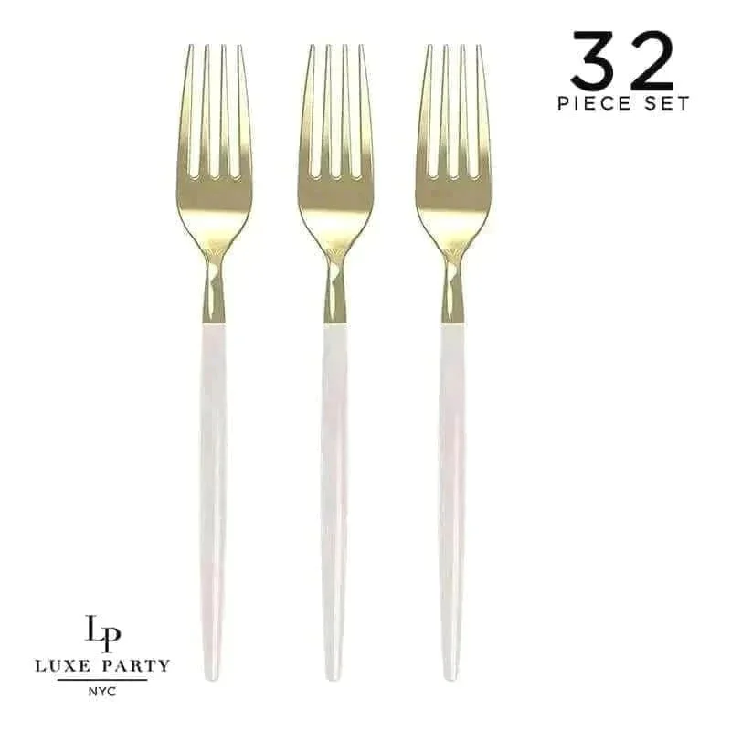 Chic Linen and Gold Plastic Forks | 32 Pieces