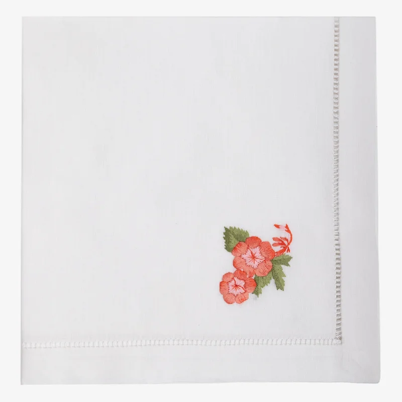 Hand Embroidered Hemstitched Napkin Hibiscus Flower Set Of Six