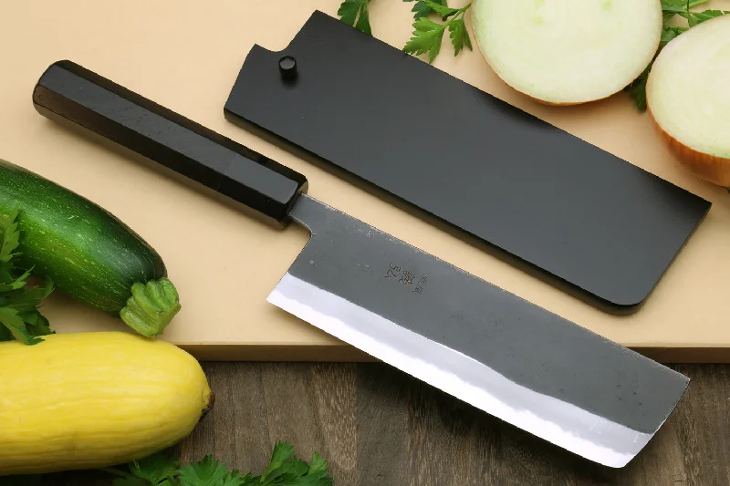 Yoshihiro High Carbon Blue Steel #2 Kurouchi Nakiri Japanese Vegetable Knife with Ebony Wood Handle