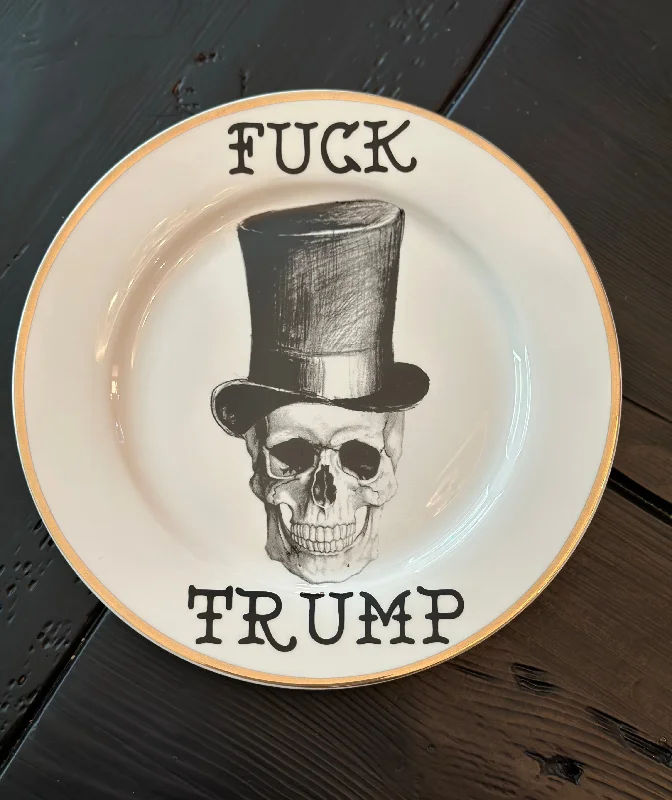 Fuck Trump | Vulgar vintage skeleton with top hat decorative 11in dinner plate with wall hanger