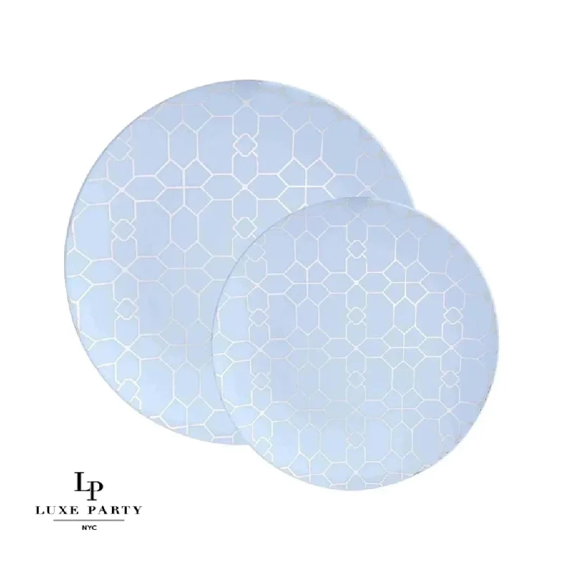 Round Ice Blue • Silver Pattern Plastic Plates | 10 Pack