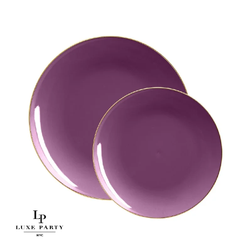 Round Purple and Gold Plastic Plates | 10 Pack