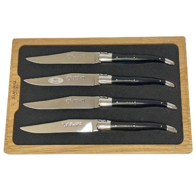 Laguiole en Aubrac Handcrafted 4-Piece Steak Knife Set with Ebony Wood Handles, Polished Bolsters