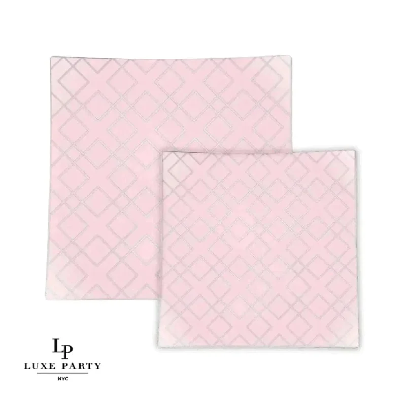 Square Blush • Silver Art Deco Pattern Plastic Plates | 10 Plates