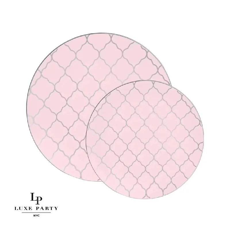 Round Blush • Silver Lattice Pattern Plastic Plates | 10 Pack