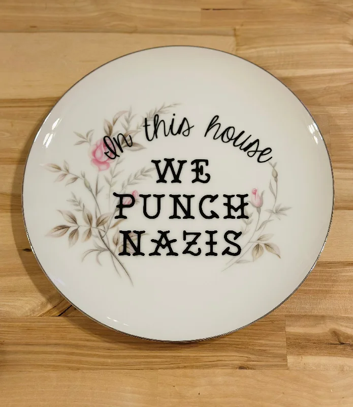 In this house WE PUNCH NAZIS | vulgar vintage Citadel china Elizabeth pink floral 11in dinner plate