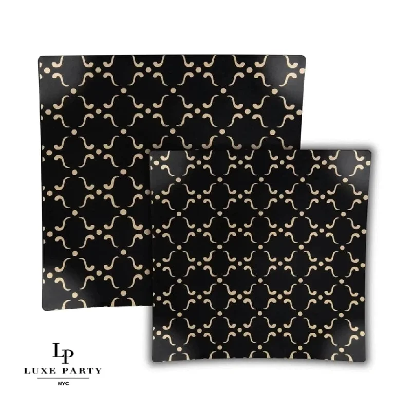 Square Black • Gold Pattern Plastic Plates | 10 Plates