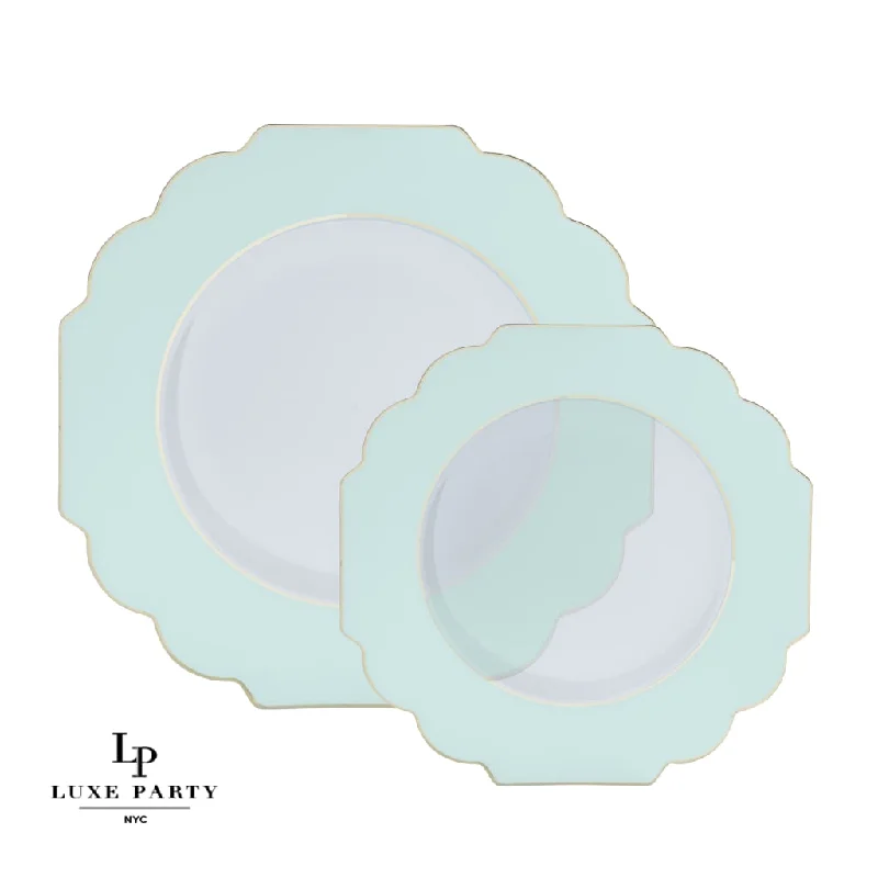 Scalloped Clear Mint Green and Gold Plastic Plates | 10 Pack