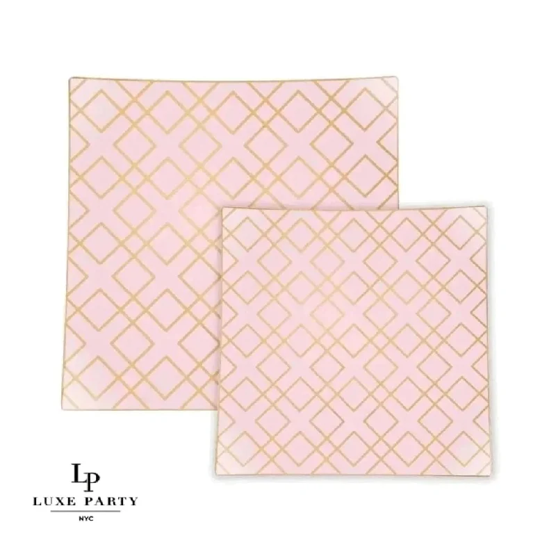 Square Blush • Gold Art Deco Pattern Plastic Plates | 10 Plates