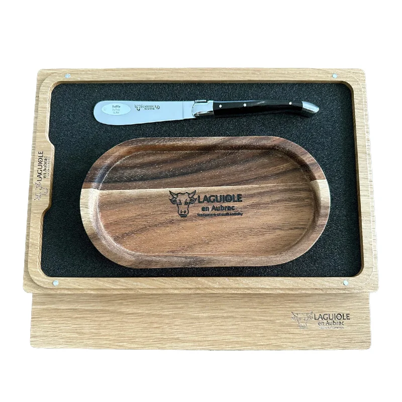 Laguiole en Aubrac Handcrafted Butter & Soft Cheese Knife With Buffalo Horn Handle & Oak Wood Rest Set