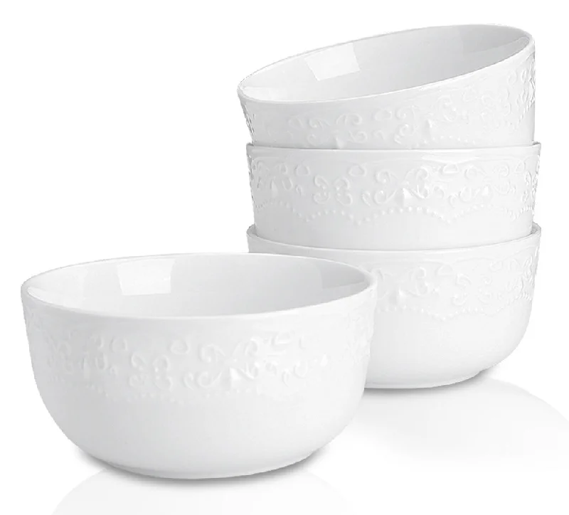 Delling 2018 New Durable Porcelain Bowls with Advance Shatterproof, Thermostable and Refrigerate Design for Cooking, Bake, Cream, Salad, Fruit, Set of 4, 10Oz, White