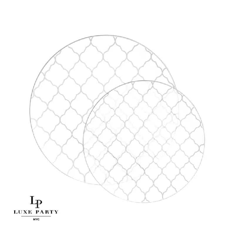 Round Clear • Silver Lattice Pattern Plastic Plates | 10 Pack