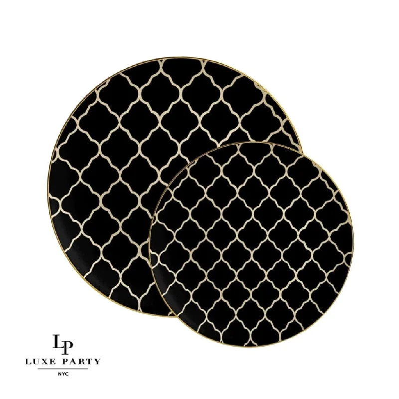 Round Black • Gold Lattice Pattern Plastic Plates | 10 Pack