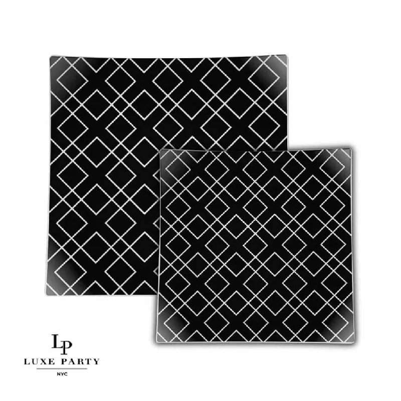 Square Black • Silver Pattern Plastic Plates | 10 Plates