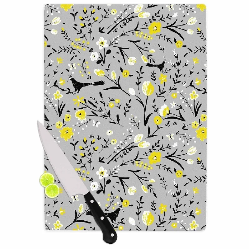 KESS InHouse Laura Nicholson "Blackbirds On Gray" Gray Yellow Cutting Board