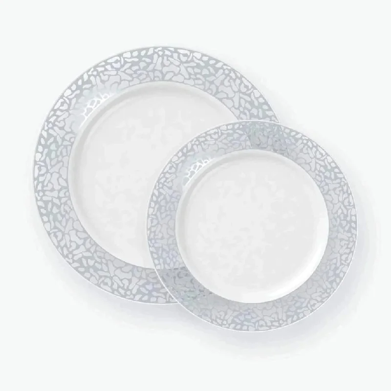 Round Lace White • Silver Plastic Plates | 10 Plates