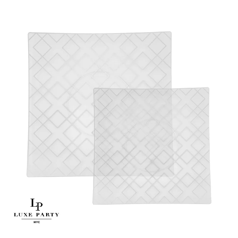 Square Clear • Silver Art Deco Pattern Plastic Plates | 10 Plates