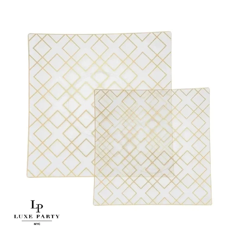 Square Clear • Gold Art Deco Pattern Plastic Plates | 10 Plates