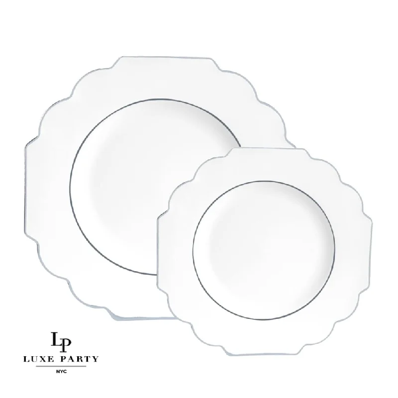 Scalloped White • Silver Plastic Plates | 10 Pack