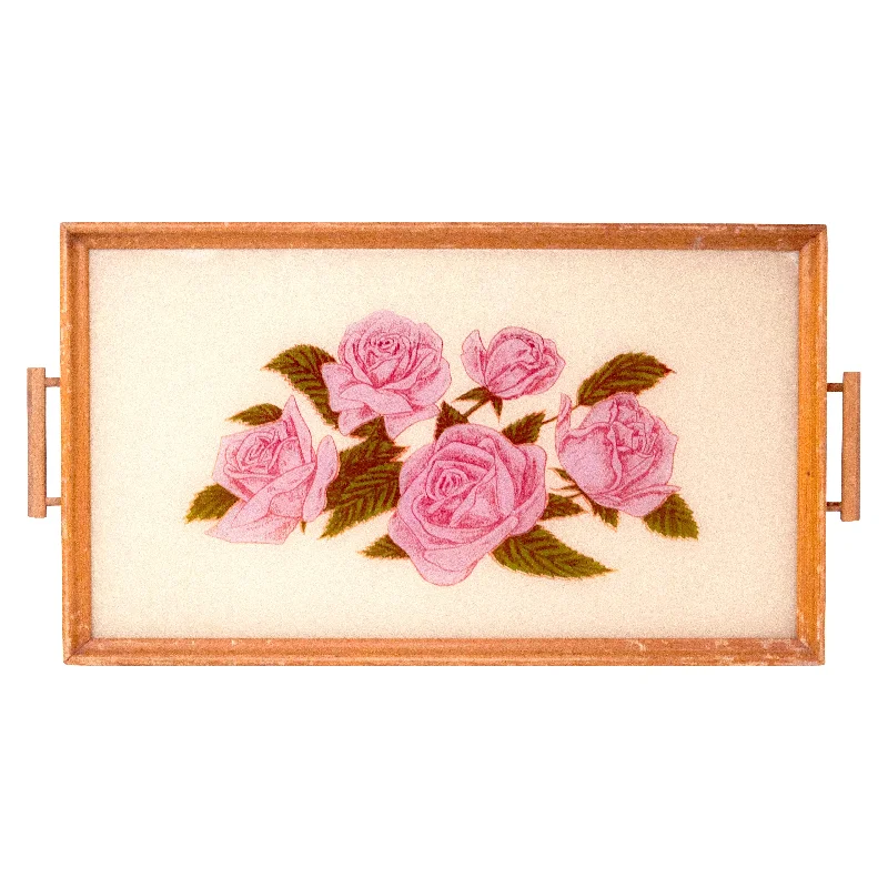 Reverse Painted Glass Pink Roses Tray