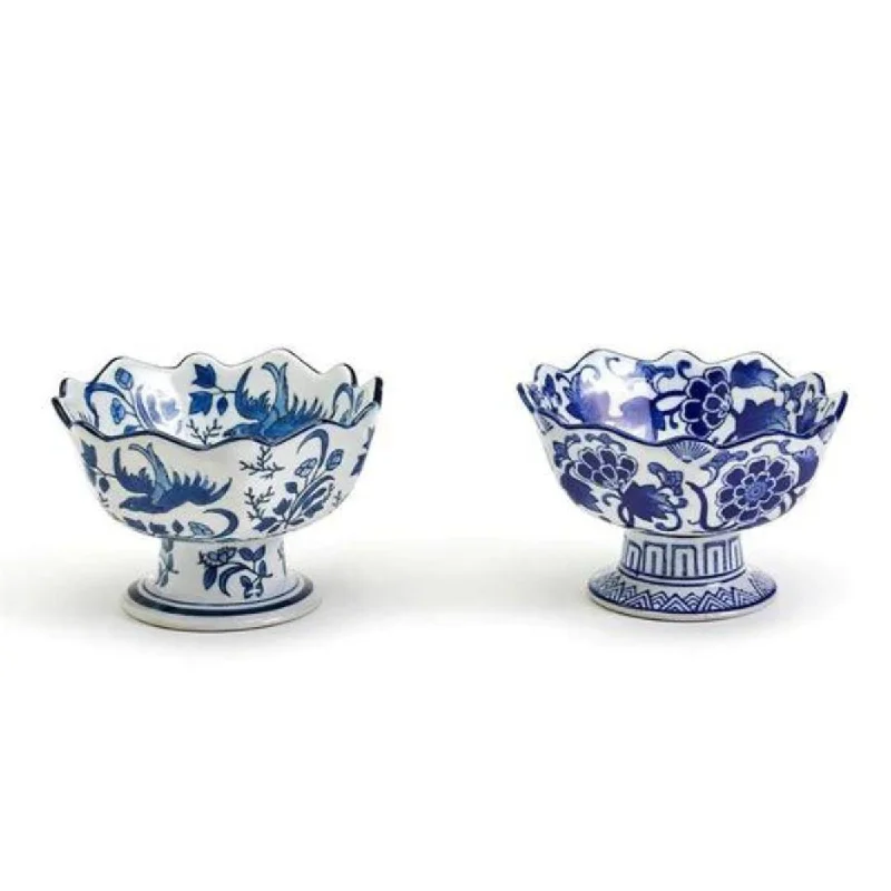 Blue and White Chinoiserie Scalloped Edge Footed Bowls, Set of 2