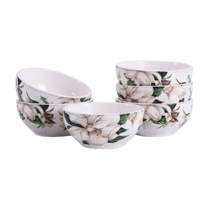 Bico Magnolia Floral Dessert Bowls Set of 6, Ceramic, 12oz, for Ice Cream, Salad, Cereal, Dipping Sauce, Microwave & Dishwasher Safe