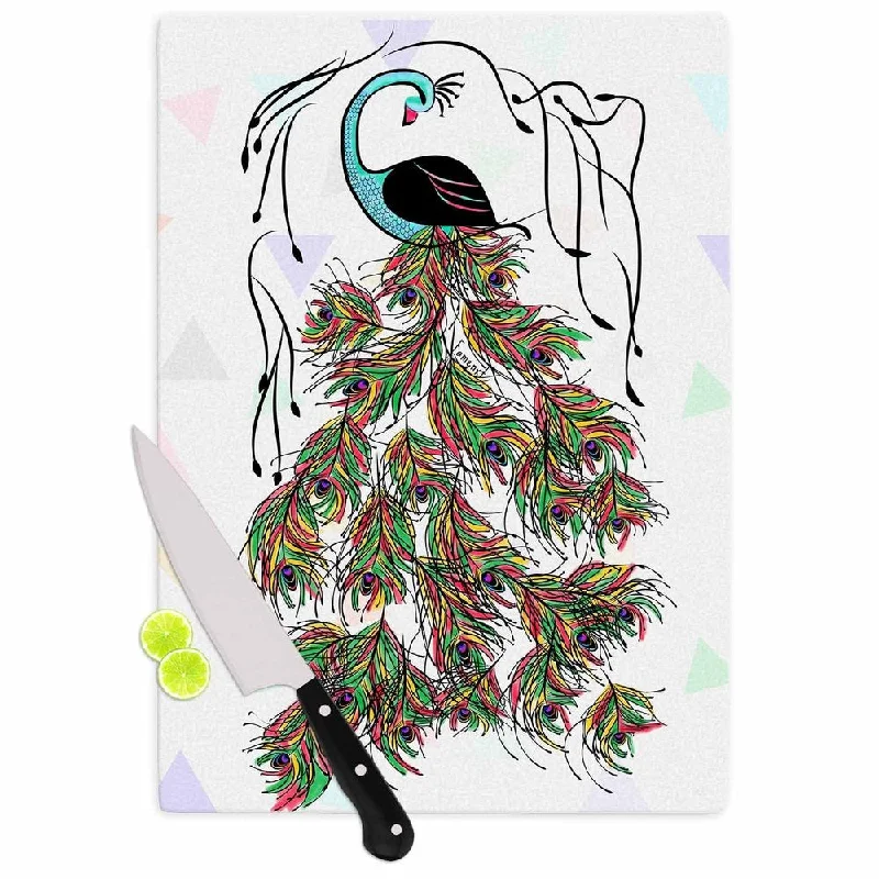 KESS InHouse Famenxt 'Colorful Peacock' White Green Cutting Board