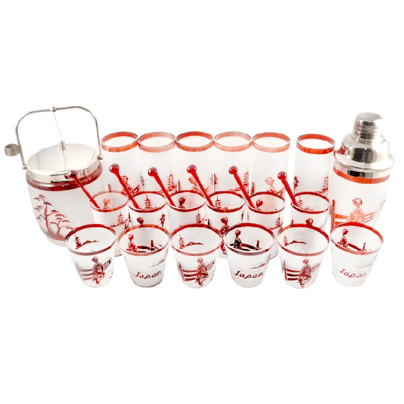 Noritake Frosted & Ruby Japanese Scene Cocktail Shaker Set