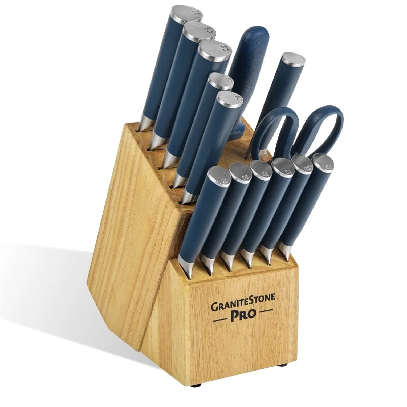 Granitestone Pro NutriBlade 14 Piece Stainless Steel Blue Knife Set with Wooden Block.