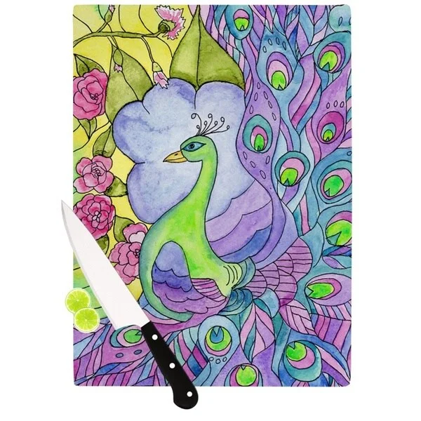 KESS InHouse Catherine Holcombe 'Stained Glass Watercolor Peacock' Purple Green Cutting Board