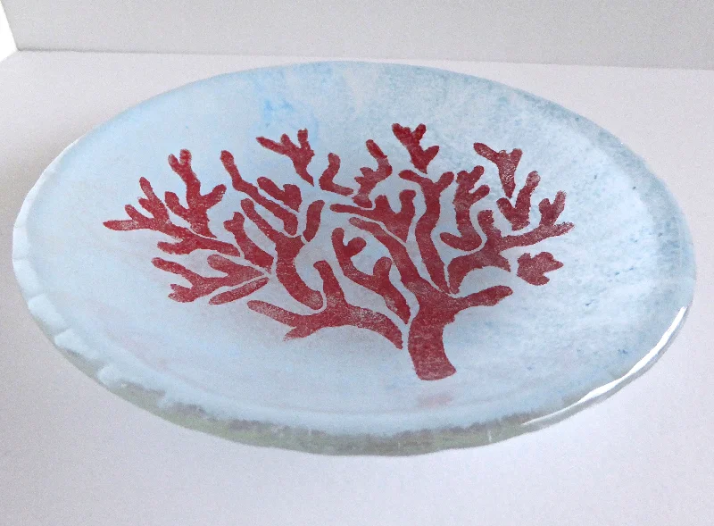 Fused Glass Coral Dish in Red and Pale Blue