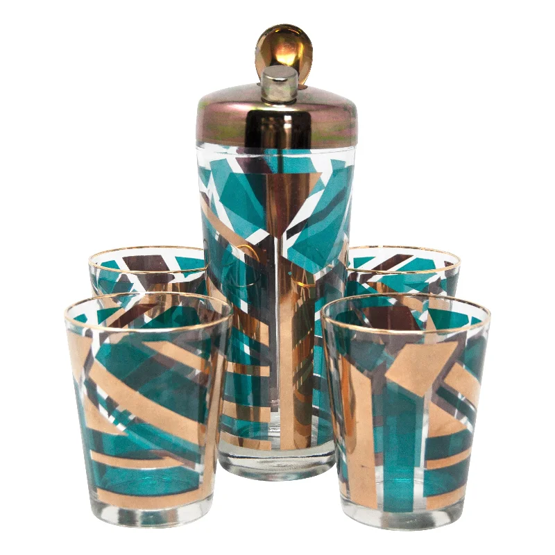 Jeanette Teal & Gold Geometric Pattern Cocktail Shaker Set