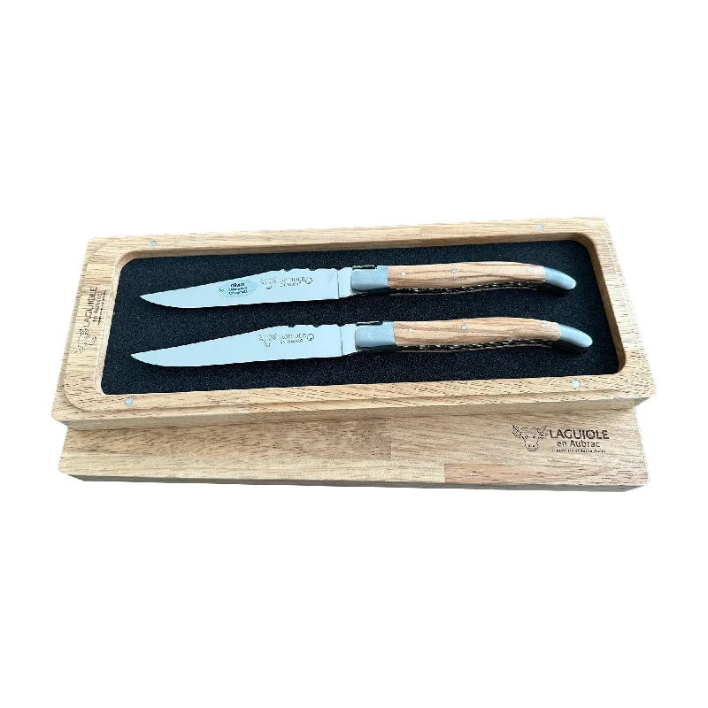 Laguiole en Aubrac Luxury Handcrafted Stainless Steel & Brass Double Plate 2-Piece Steak Knife Set with Olivewood Handles