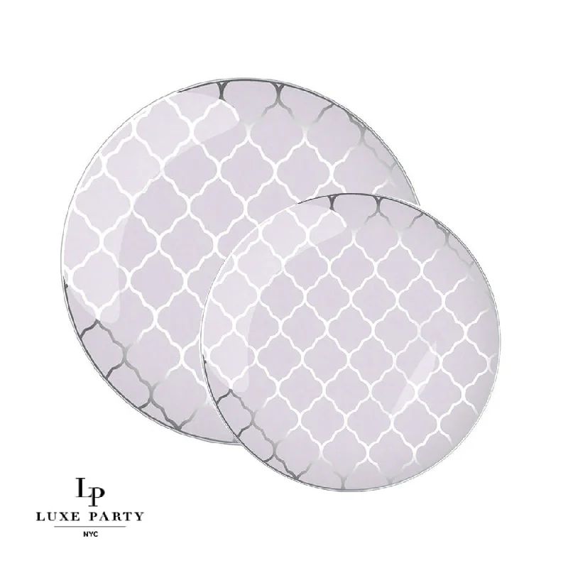 Lavender • Silver Patterned Lattice Plastic Plates | 10 Pack