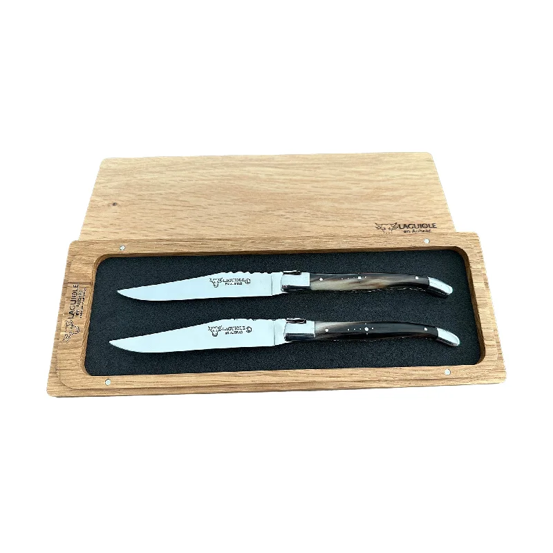 Laguiole en Aubrac Luxury Handcrafted Stainless Steel & Brass Double Plate 2-Piece Steak Knife Set with Solid Horn Handles