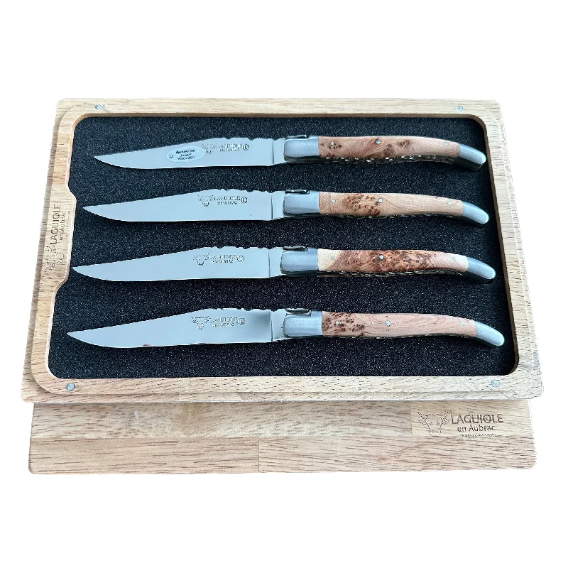 Laguiole en Aubrac Luxury Handcrafted Stainless Steel & Brass Double Plate 4-Piece Steak Knife Set with Juniper Wood Handles