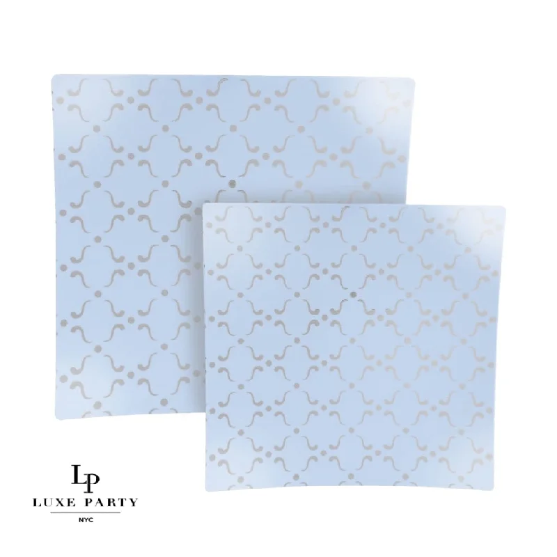 Square Ice Blue • Silver Pattern Plastic Plates | 10 Plates