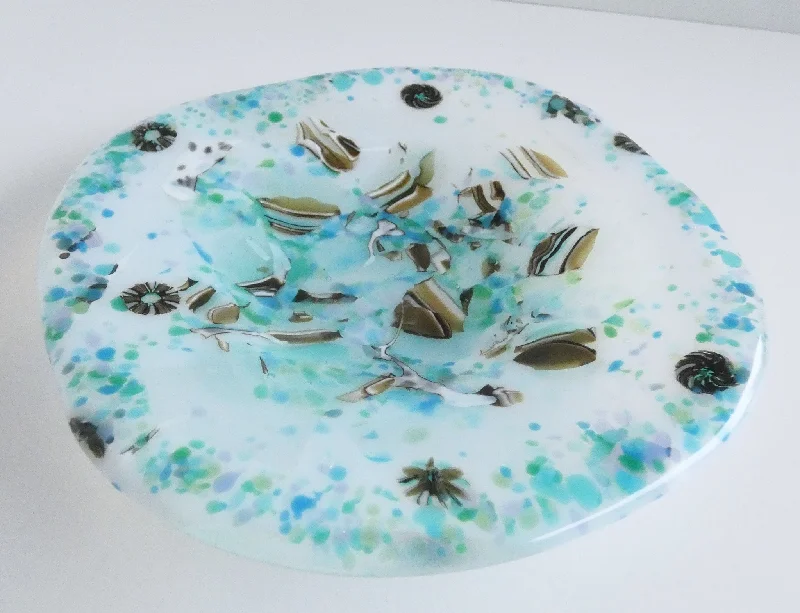 Fused Glass Dish in White Brown and Blue