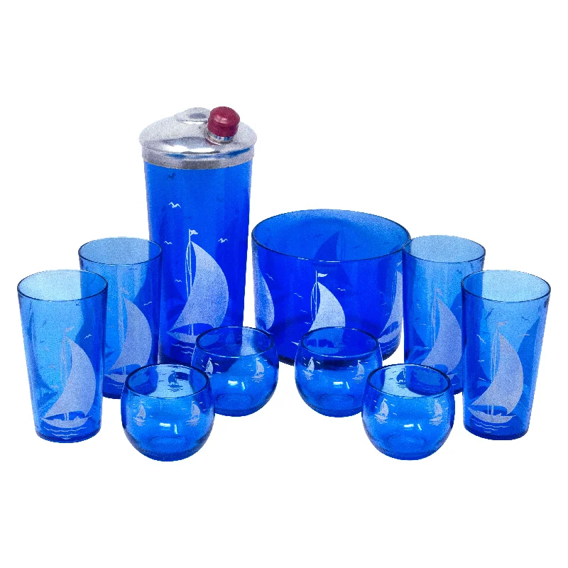 Hazel Atlas Cobalt Sailboat Cocktail Shaker Set