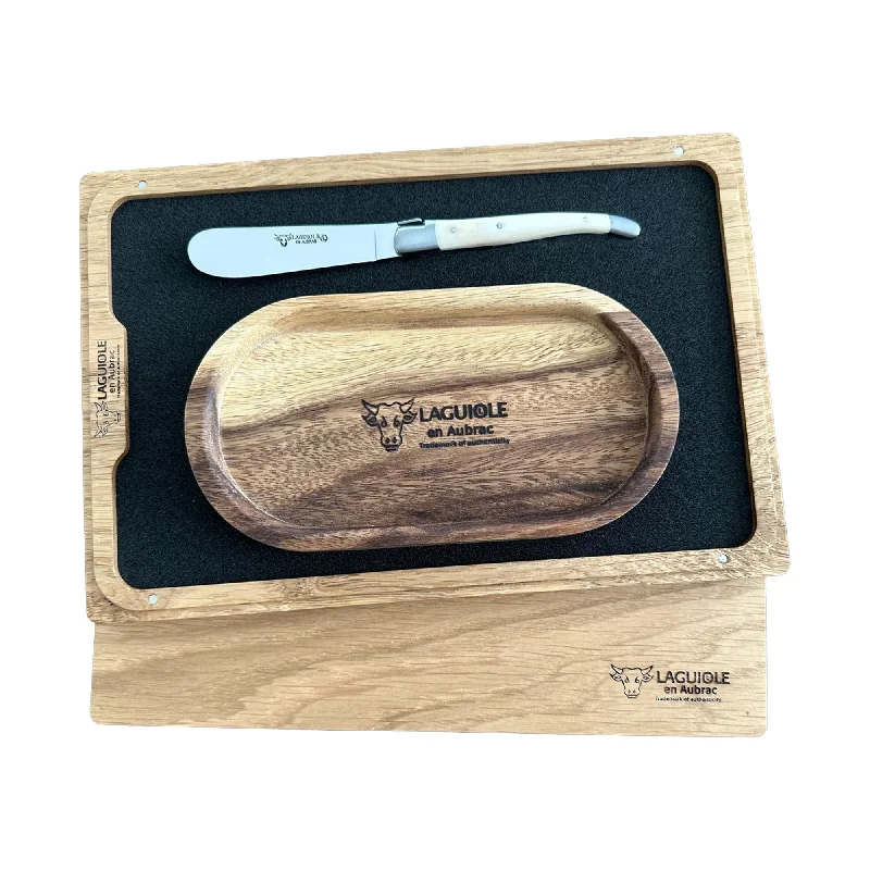 Laguiole en Aubrac Handcrafted Butter & Soft Cheese Knife With Bone Handle & Oak Wood Rest Set