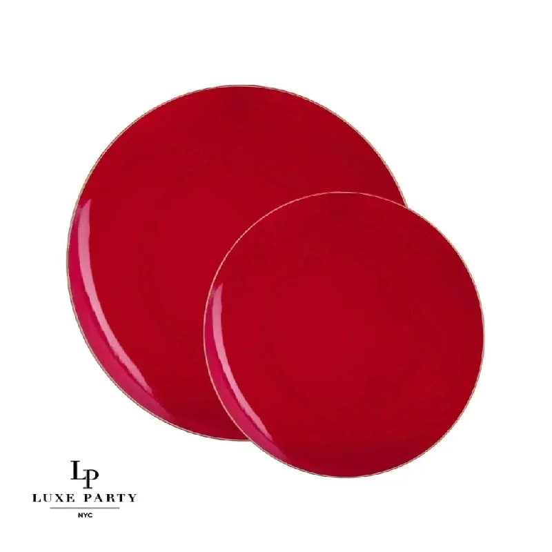 Red and Gold Round Plastic Plates | 10 Pack