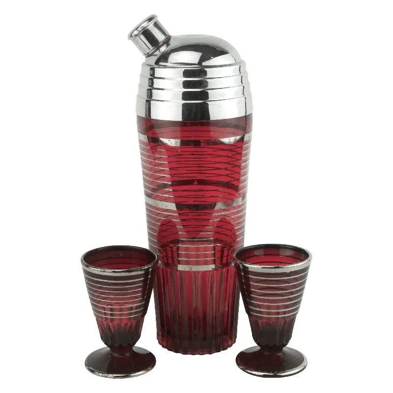 Ruby Red & Platinum Bands Cocktail Shaker Set