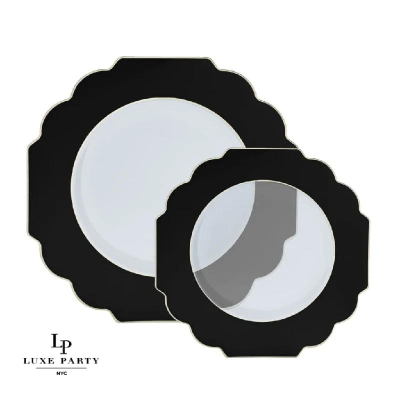 Scalloped Clear Black • Gold Plastic Plates | 10 Pack