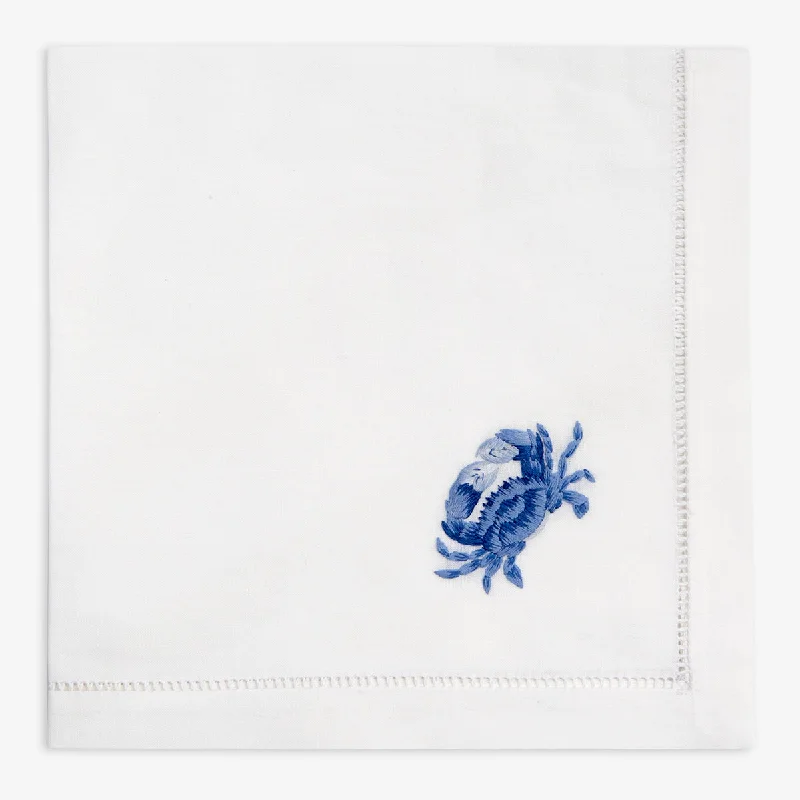 Hand Embroidered Hemstitched Napkin Crab Blue