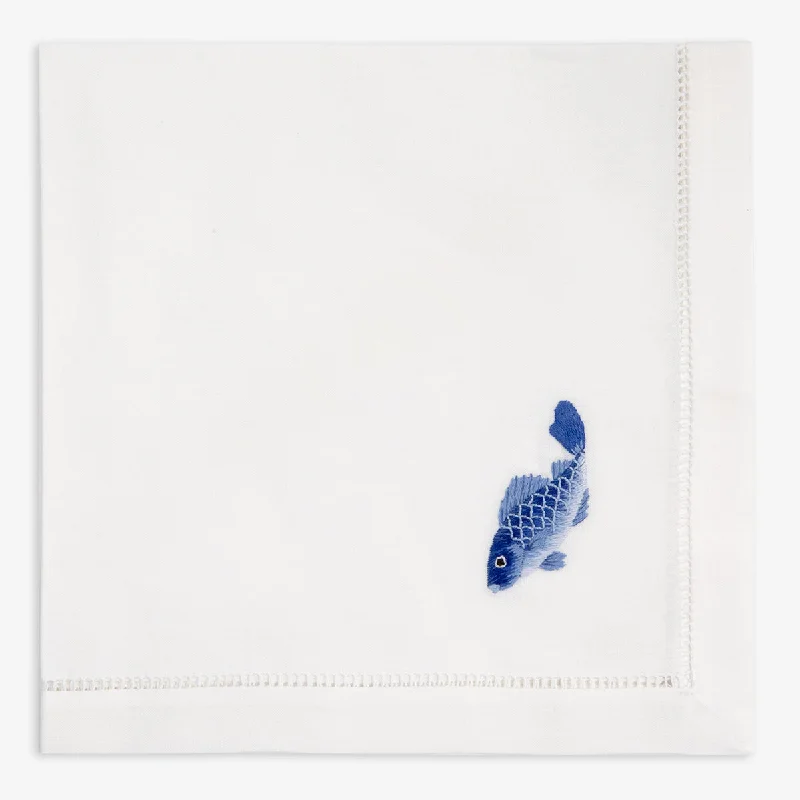 Hand Embroidered Hemstitched Napkin Fish Blue