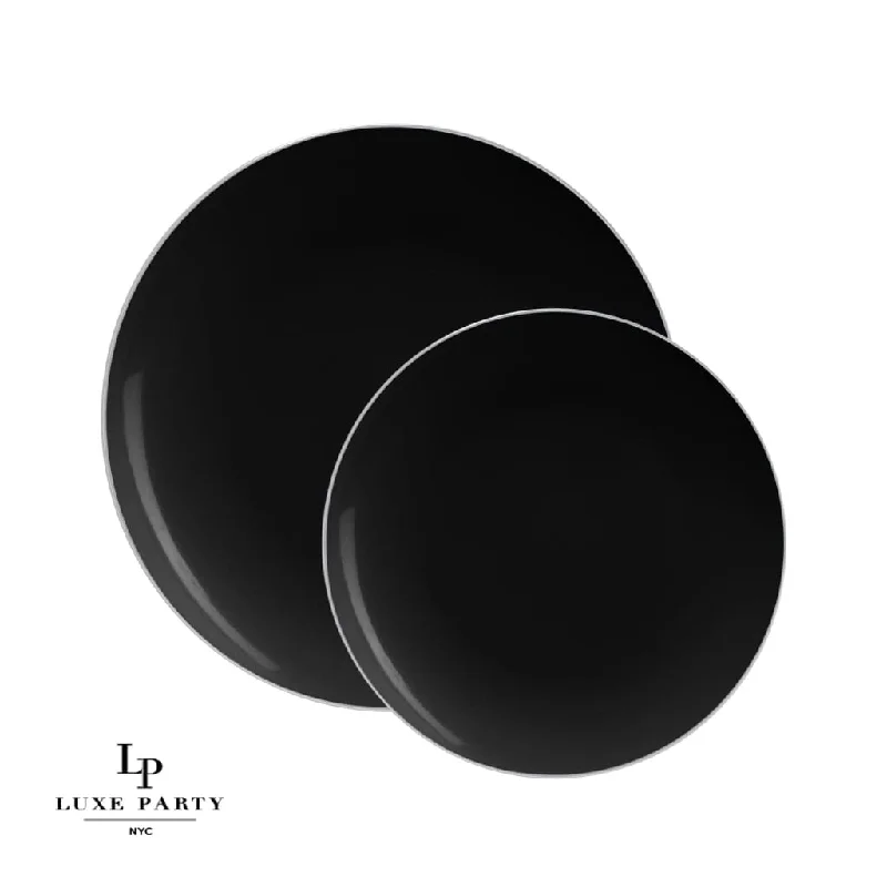 Black and Silver Round Plastic Plates | 10 Pack