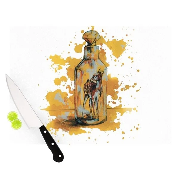 KESS InHouse Kira Crees 'Vintage Bottled Deer' Yellow White Cutting Board